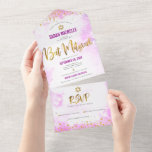 Bat Mitzvah roze waterverf goudschrift modern All In One Uitnodiging<br><div class="desc">Wees trots, blij en toon deze mijlpaal van je favoriete Bat Mitzvah! Verstuur deze verbluffende, moderne, aangepaste all-in-one uitnodiging voor een evenement dat je moet onthouden. Een lichtroze achtergrond van de waterverf met goudfaux-folie, glitter-stippen en typografische script. Dit all-in-one product is een unieke combinatie van een aangepaste uitnodiging met een...</div>