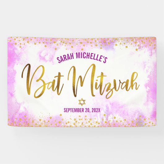 Bat Mitzvah roze waterverf meisjesachtig goud foli Spandoek (Horizontaal)