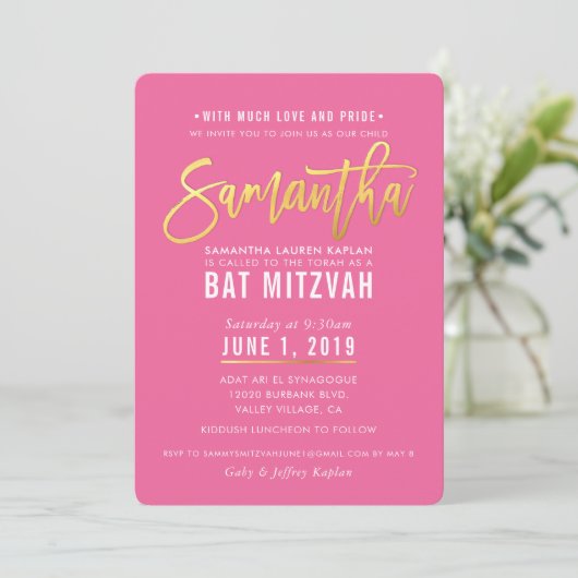 BAT MITZVAH roze witgouden script SAMANTHA Kaart (Staand voorkant)