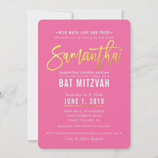 BAT MITZVAH  roze witgouden script SAMANTHA Kaart (Voorkant)