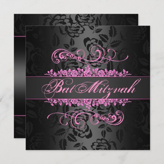 Bat Mitzvah Roze/Zwart Roos Swirl Verjaardag Uitno Kaart (Voorkant / Achterkant)