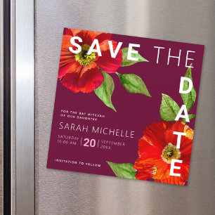 Bat Mitzvah Save Date Burgundy Floral Waterverf Magnetische Uitnodiging