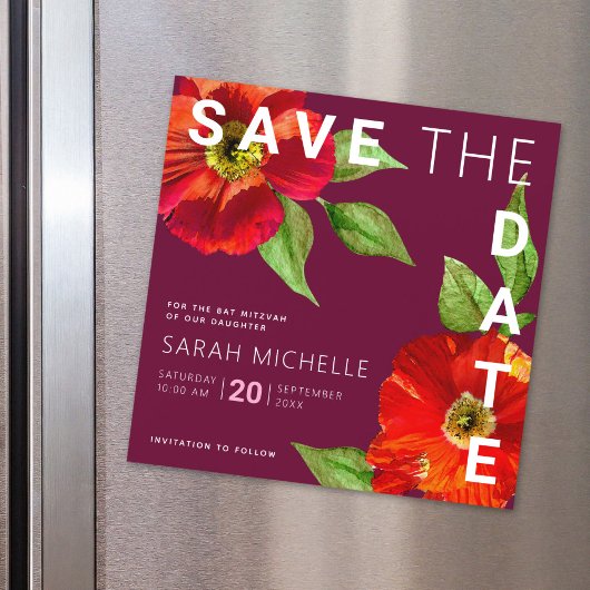 Bat Mitzvah Save Date Burgundy Floral Waterverf Magnetische Uitnodiging