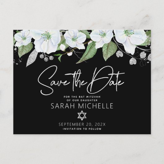 Bat Mitzvah Save Date Floral Black Silver Script Uitnodiging Briefkaart (Voorkant)