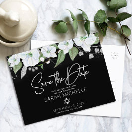 Bat Mitzvah Save Date Floral Black Silver Script Uitnodiging Briefkaart