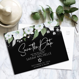 Bat Mitzvah Save Date Floral Black Silver Script Uitnodiging Briefkaart