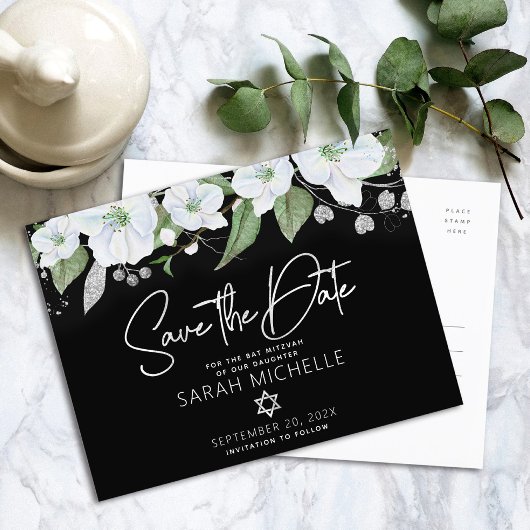 Bat Mitzvah Save Date Floral Black Silver Script Uitnodiging Briefkaart