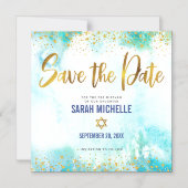 Bat Mitzvah Save Date Gold Turquoise Waterverf Magnetische Uitnodiging (Voorkant)