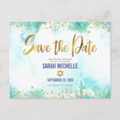 Bat Mitzvah Save Date Gold Turquoise Waterverf Uitnodiging Briefkaart (Voorkant)
