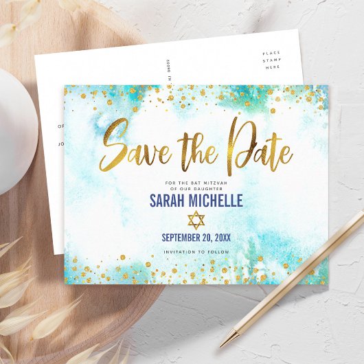 Bat Mitzvah Save Date Gold Turquoise Waterverf Uitnodiging Briefkaart