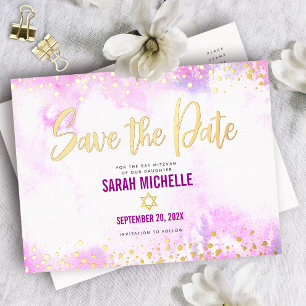 Bat Mitzvah Save Date Pink Watercolor Real Gold Folie Uitnodiging Briefkaart