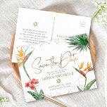 Bat Mitzvah Save Date Tropical Floral Gold Script Uitnodiging Briefkaart<br><div class="desc">Zorg ervoor dat al je vrienden en familieleden de mijlpaal van je dochter Bat Mitzvah kunnen vieren! Verzend dit onderwerp, gepersonaliseerd "sparen het briefkaart van de Datum"aankondiging. Stijlvolle, verbluffende, kleurrijke, tropische waterverf vogels van paradijse bloemen, faux goudhandgeschreven script, Star of David en glitter stippen, samen met groen en grijs modern...</div>