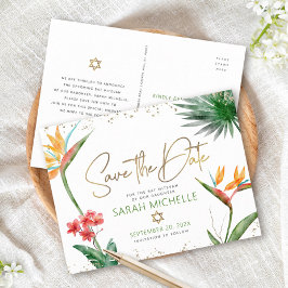 Bat Mitzvah Save Date Tropical Floral Gold Script Uitnodiging Briefkaart