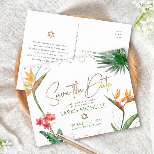 Bat Mitzvah Save Date Tropical Floral Gold Script Uitnodiging Briefkaart