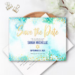 Bat Mitzvah Save Date Turquoise Waterverf Gold Folie Uitnodiging Briefkaart<br><div class="desc">Zorg ervoor dat al je vrienden en familieleden de mijlpaal van je dochter Bat Mitzvah kunnen vieren! Verzend deze verbluffende, moderne, dunne echte gouden folie, glitter stippen en handgeschreven manuscript tegen een turquoise blauwe achtergrond van de waterverf, gepersonaliseerd "sparen de de aankondiging van de Datum"briefkaart. Pas de douanetekst met de...</div>