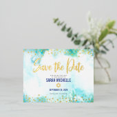 Bat Mitzvah Save Date Turquoise Waterverf Gold Folie Uitnodiging Briefkaart (Staand Voorkant)