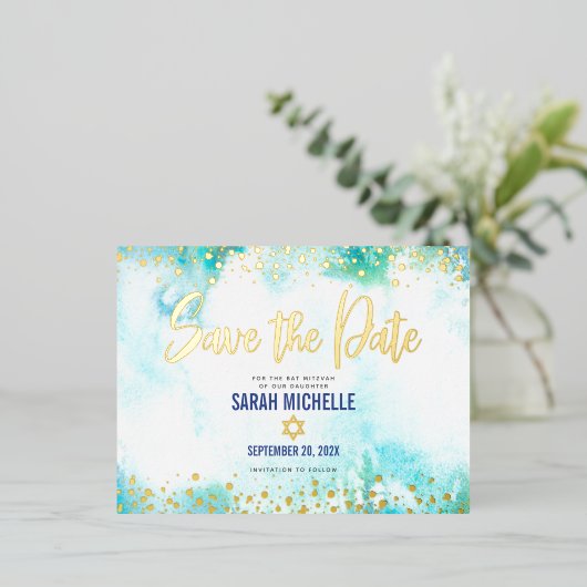Bat Mitzvah Save Date Turquoise Waterverf Gold Folie Uitnodiging Briefkaart (Staand Voorkant)
