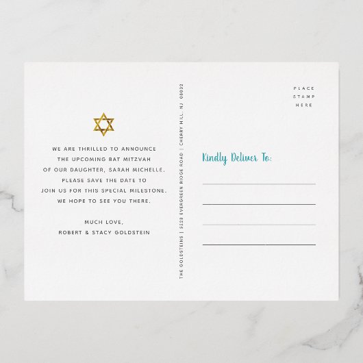 Bat Mitzvah Save Date Turquoise Waterverf Gold Folie Uitnodiging Briefkaart (Achterkant)