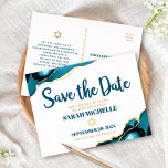 Bat Mitzvah Save Datum Turquoise Agaat Echt Goud Folie Uitnodiging Briefkaart<br><div class="desc">Zorg ervoor dat al je vrienden en familieleden de mijlpaal van je dochter Bat Mitzvah kunnen vieren! Stuur dit coole, unieke, moderne, gepersonaliseerde "Save the Date" echte gouden folie briefkaart. Blauwgroen Donkerblauw schrift typografie, echte gouden folie sans serif typografie en een echte gouden folie Star of David overlay een eenvoudige,...</div>