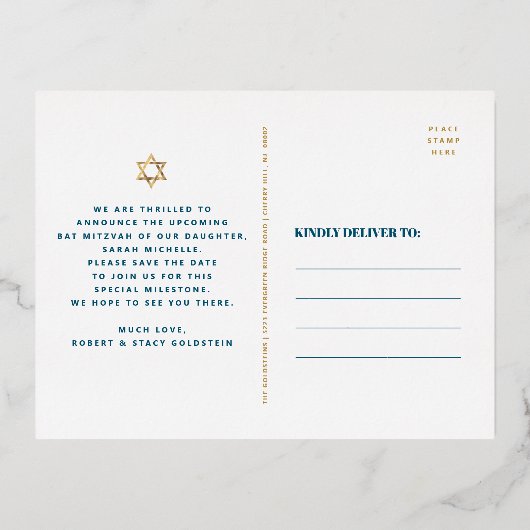 Bat Mitzvah Save Datum Turquoise Agaat Echt Goud Folie Uitnodiging Briefkaart (Achterkant)