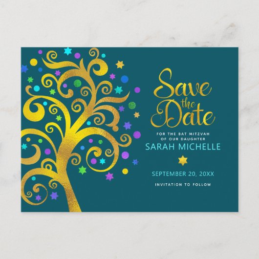 Bat Mitzvah Save the Date Blauwgroen Gold Tree of Uitnodiging Briefkaart (Voorkant)