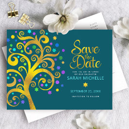 Bat Mitzvah Save the Date Blauwgroen Gold Tree of  Uitnodiging Briefkaart
