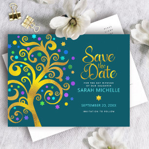 Bat Mitzvah Save the Date Blauwgroen Gold Tree of  Uitnodiging Briefkaart