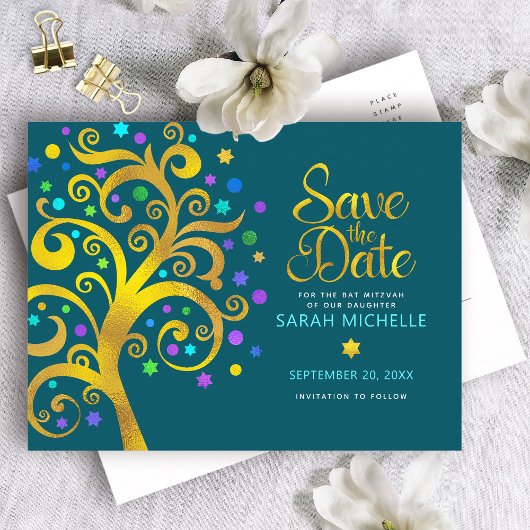 Bat Mitzvah Save the Date Blauwgroen Gold Tree of Uitnodiging Briefkaart