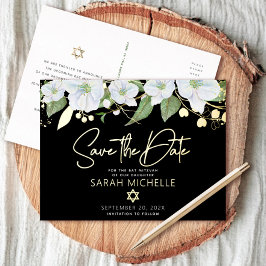 Bat Mitzvah Save the Date Bloemstuk Zwart Echt Gou Folie Uitnodiging Briefkaart