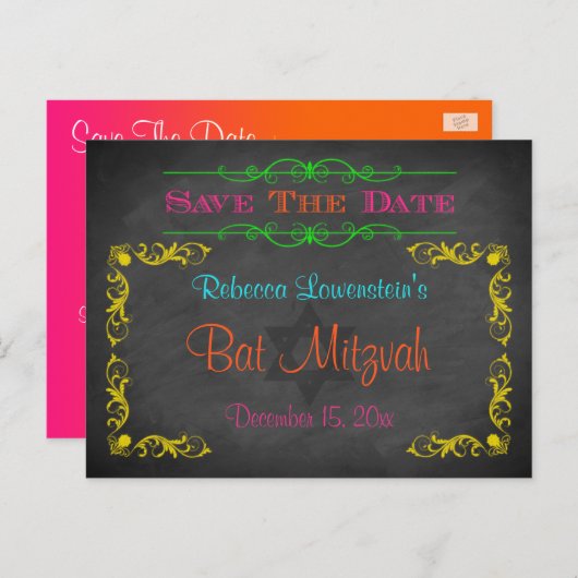 Bat Mitzvah Save The Date Briefkaart - Krijtbord (Voorkant / Achterkant)