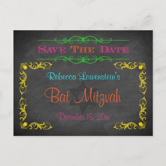 Bat Mitzvah Save The Date Briefkaart - Krijtbord (Voorkant)