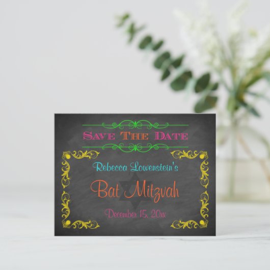 Bat Mitzvah Save The Date Briefkaart - Krijtbord (Staand voorkant)