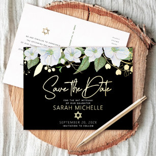 Bat Mitzvah Save the Date Floral Black Real Gold Folie Uitnodiging Briefkaart