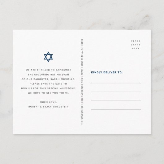 Bat Mitzvah Save the Date Floral Waterverf Navy Uitnodiging Briefkaart (Achterkant)