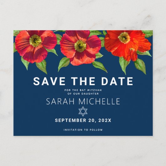 Bat Mitzvah Save the Date Floral Waterverf Navy Uitnodiging Briefkaart (Voorkant)