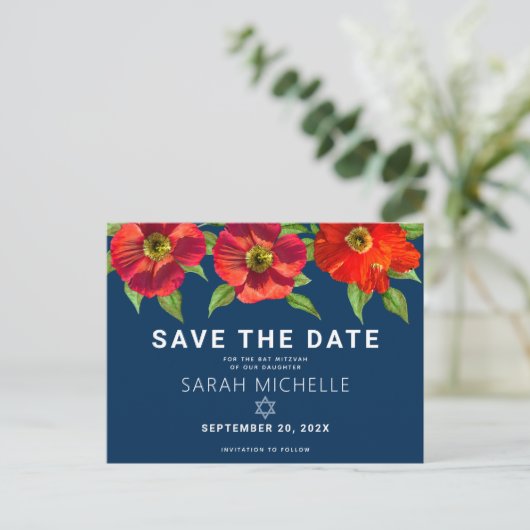 Bat Mitzvah Save the Date Floral Waterverf Navy Uitnodiging Briefkaart (Staand voorkant)