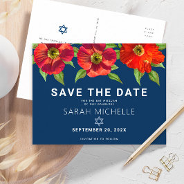 Bat Mitzvah Save the Date Floral Waterverf Navy Uitnodiging Briefkaart