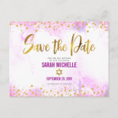Bat Mitzvah Save the Date Gold on Pink Waterverf Uitnodiging Briefkaart (Voorkant)