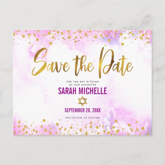 Bat Mitzvah Save the Date Gold on Pink Waterverf Uitnodiging Briefkaart (Voorkant)