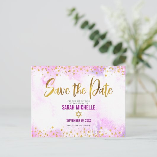 Bat Mitzvah Save the Date Gold on Pink Waterverf Uitnodiging Briefkaart (Staand voorkant)