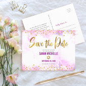 Bat Mitzvah Save the Date Gold on Pink Waterverf Uitnodiging Briefkaart