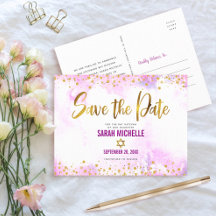 Bat Mitzvah Save the Date Gold on Pink Waterverf