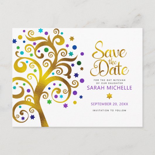 Bat Mitzvah Save the Date Gold Paars Tree of Life Uitnodiging Briefkaart (Voorkant)