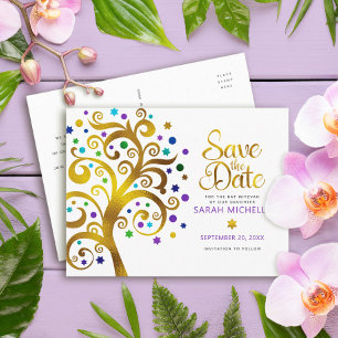 Bat Mitzvah Save the Date Gold Paars Tree of Life Uitnodiging Briefkaart