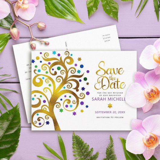 Bat Mitzvah Save the Date Gold Paars Tree of Life Uitnodiging Briefkaart