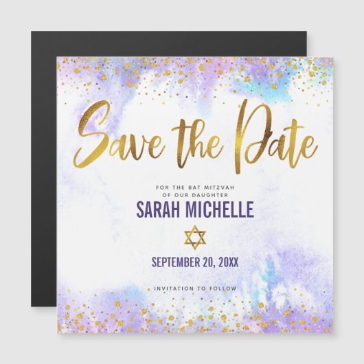 Bat Mitzvah Save the Date Gold Paars Waterverf Magnetische Uitnodiging (Voorkant / Achterkant)