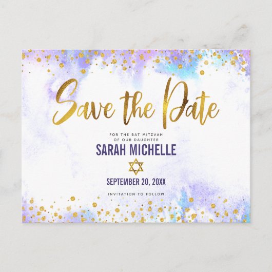 Bat Mitzvah Save the Date Gold Paars Waterverf Uitnodiging Briefkaart (Voorkant)