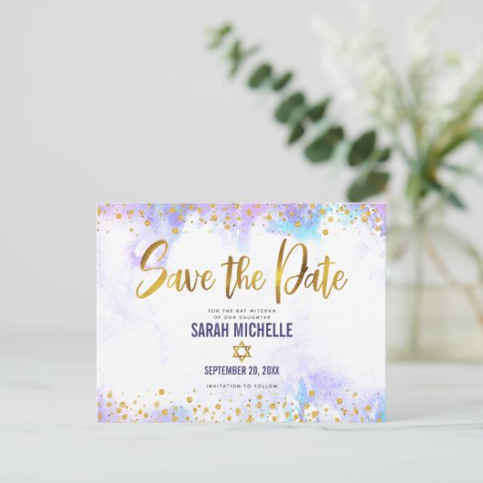 Bat Mitzvah Save the Date Gold Paars Waterverf Uitnodiging Briefkaart (Staand voorkant)