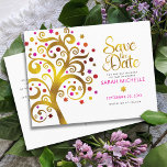Bat Mitzvah Save the Date Gold & Pink Tree of Life Uitnodiging Briefkaart<br><div class="desc">Make sure all your friends and relatives will be able to celebrate your daughter’s milestone Bat Mitzvah! Send out this stunning, graphic faux gold foil tree with sparkly pink, orange, and red Star of David and dot “leaves” on a white background, personalized “Save the Date” announcement postcard. Personalize the custom...</div>