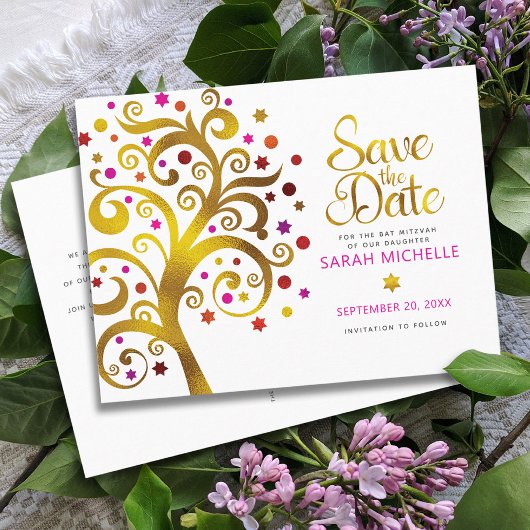 Bat Mitzvah Save the Date Gold & Pink Tree of Life Uitnodiging Briefkaart